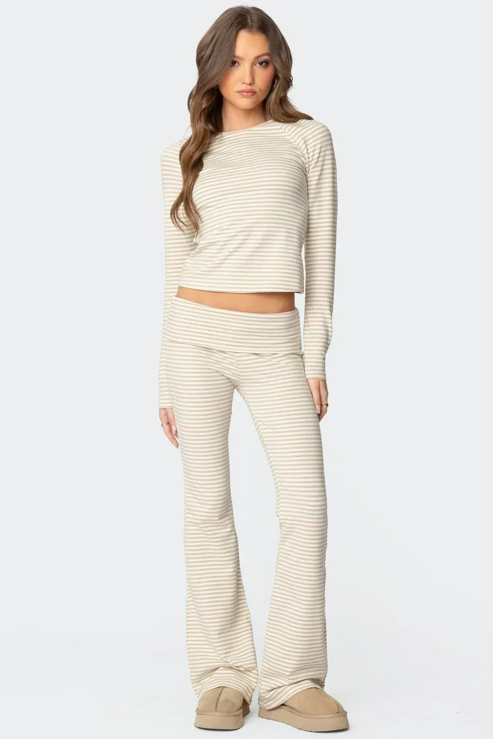 Striped Crop Top Flare Pants Set